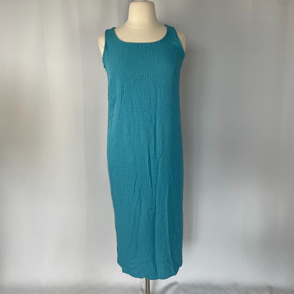 Vintage Maxi Dress Size 14 Blue Windowpane Sleeveless Minimal Column Lightweight